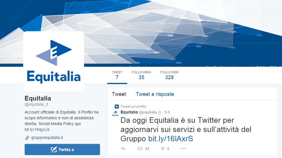 Equitalia account Twitter: il primo cinguettio dell'agenzia