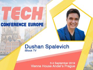 Dushan Spalevich moderera la discussione del panel su Blockchain alla conferenza TECH Europa 2019