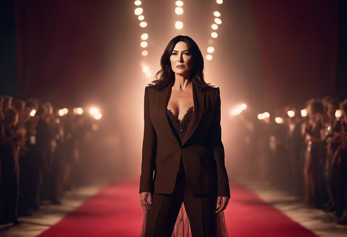 Monica Bellucci in tailleur sul red carpet con Tim Burton e body intimo