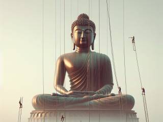 Sfida acrobatica per pulire il Buddha di bronzo gigante