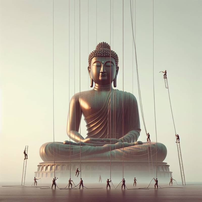 Sfida acrobatica per pulire il Buddha di bronzo gigante