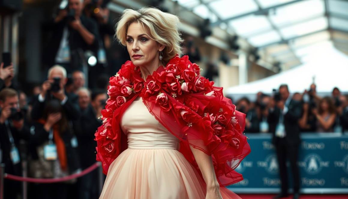 Sharon Stone incanta a Torino con un abito gioiello tra fiori sbocciati