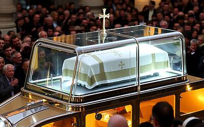 Papa Giovanni Paolo II vista della bara garantita dal mezzo funebre speciale in processione funebre