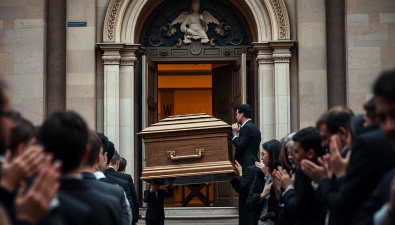 Funerali Bonaccorti, il feretro lascia la chiesa sulle note de Il cielo