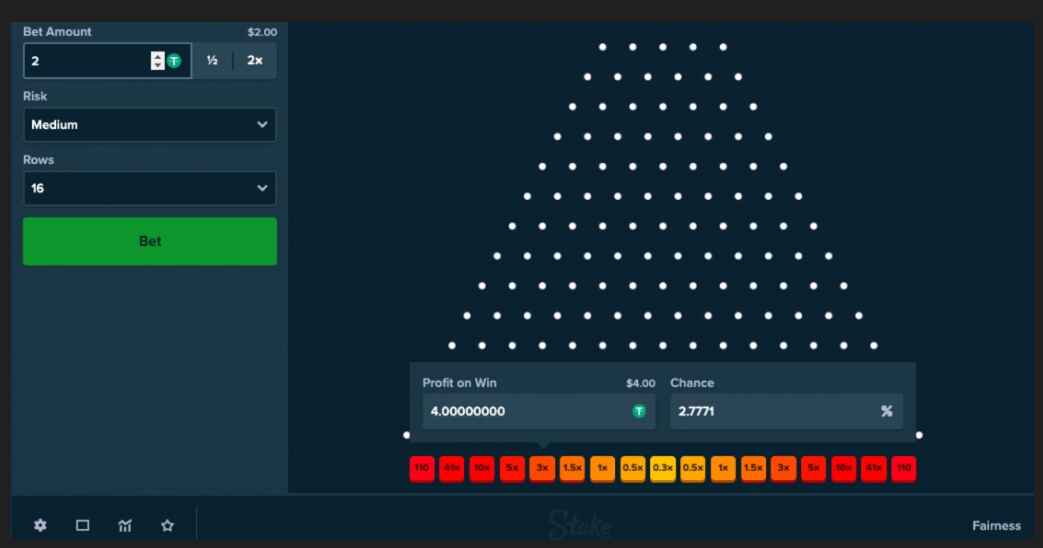 Plinko su Stake - Interfaccia di gioco