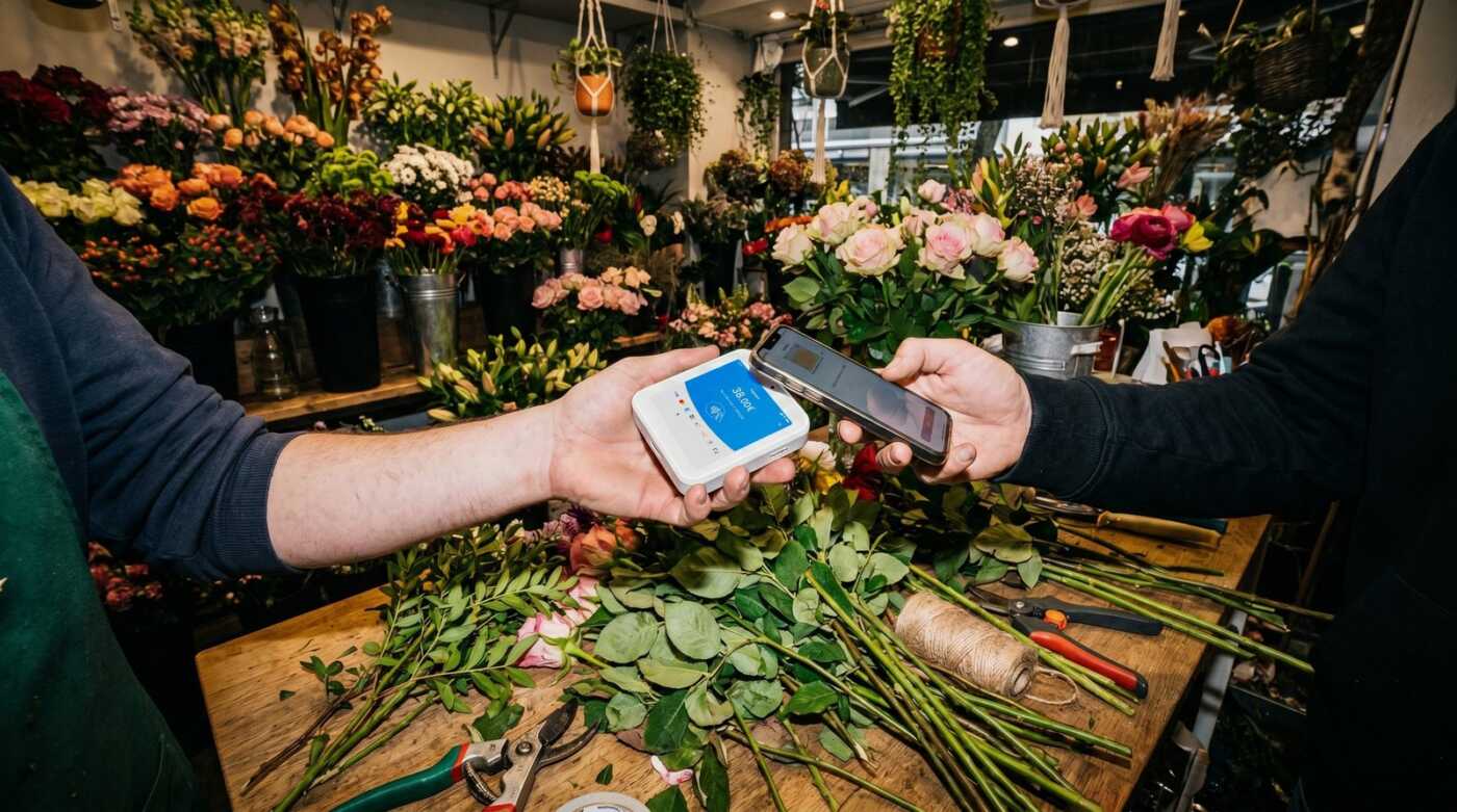 Pagamento contactless con myPOS Flex nel negozio di un fiorista