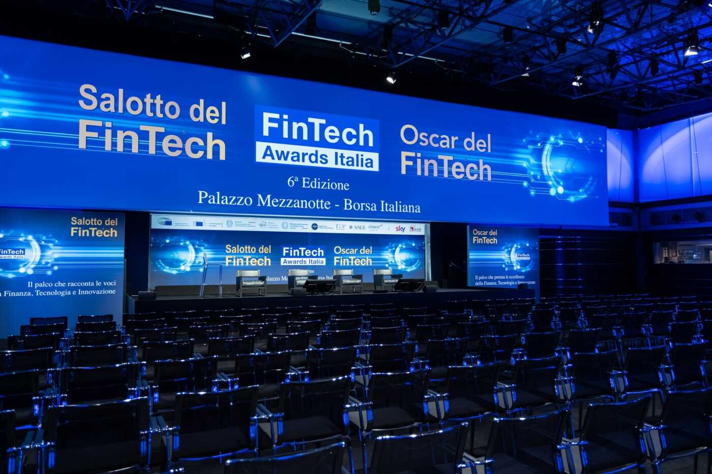 La sala di Palazzo Mezzanotte allestita per i FinTech Awards Italia