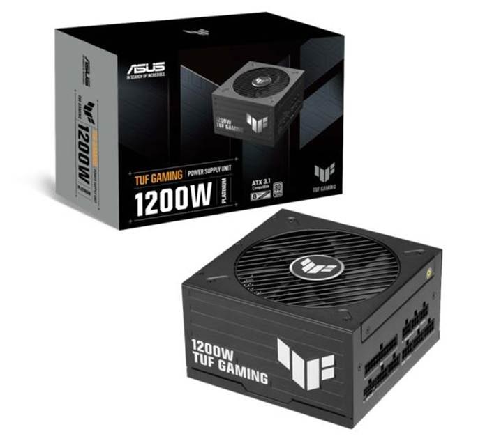 The image displays a black ASUS TUF GAMING 1200W power supply unit with a vibra